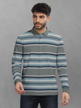 BULLMER Sky blue Striped Textured Printed Polo Neck FullSleeve T-shirt With Rib For Men