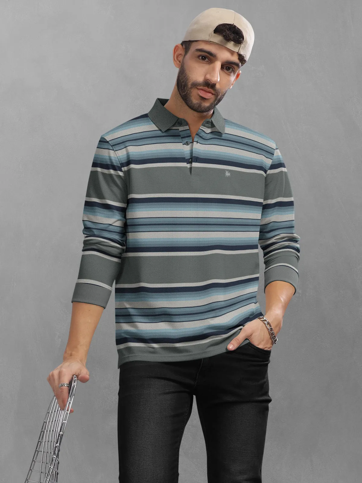 BULLMER Sky blue Striped Textured Printed Polo Neck FullSleeve T-shirt With Rib For Men