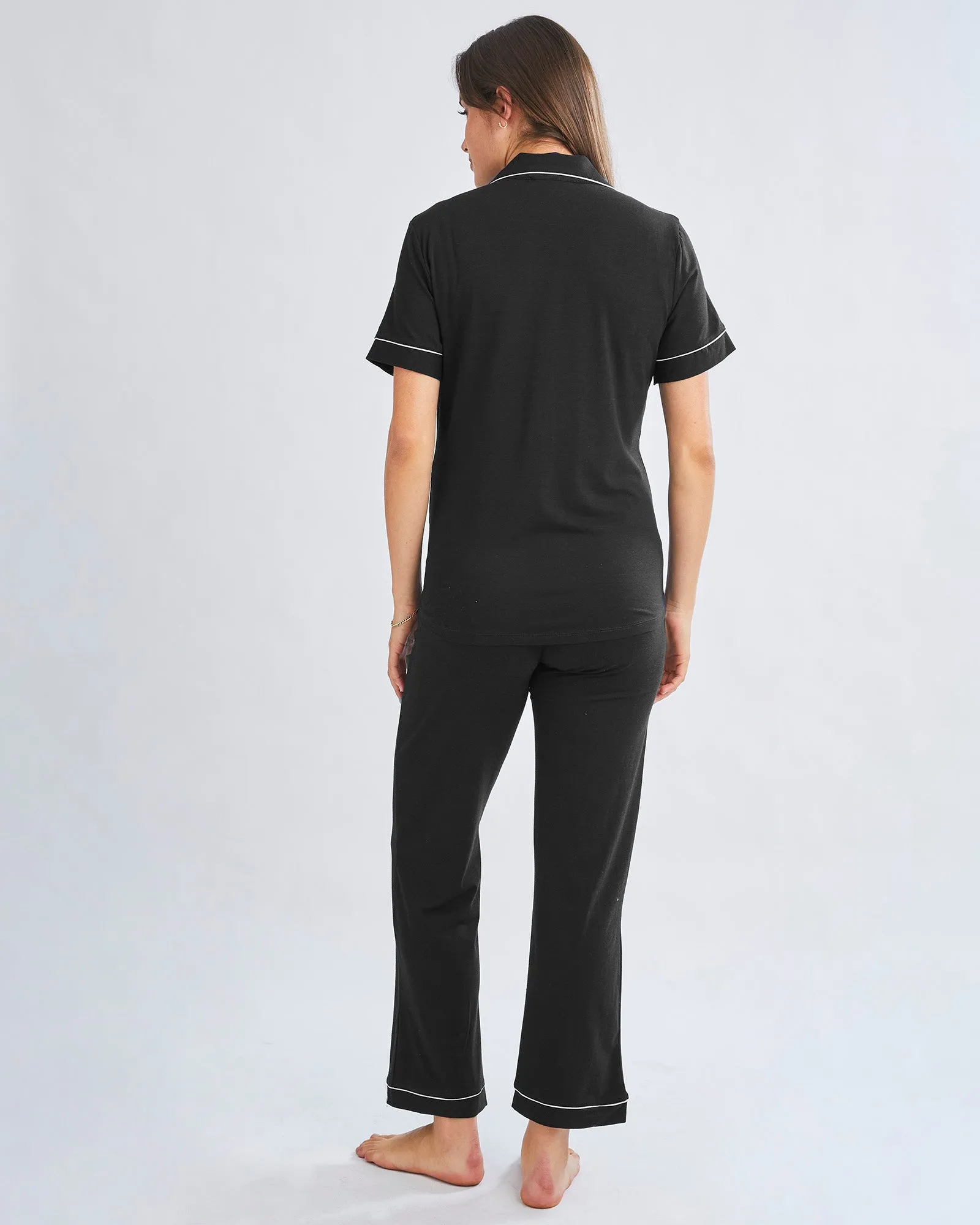 Button Front Short Sleeve Black Maternity & Nursing Pajama Set