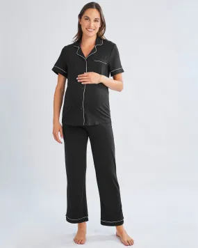 Button Front Short Sleeve Black Maternity & Nursing Pajama Set