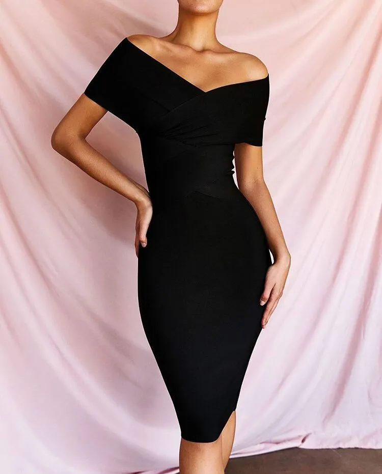 CELURVIE Bodycon Rayon-Blend Off-Shoulder Zipper Back Dress