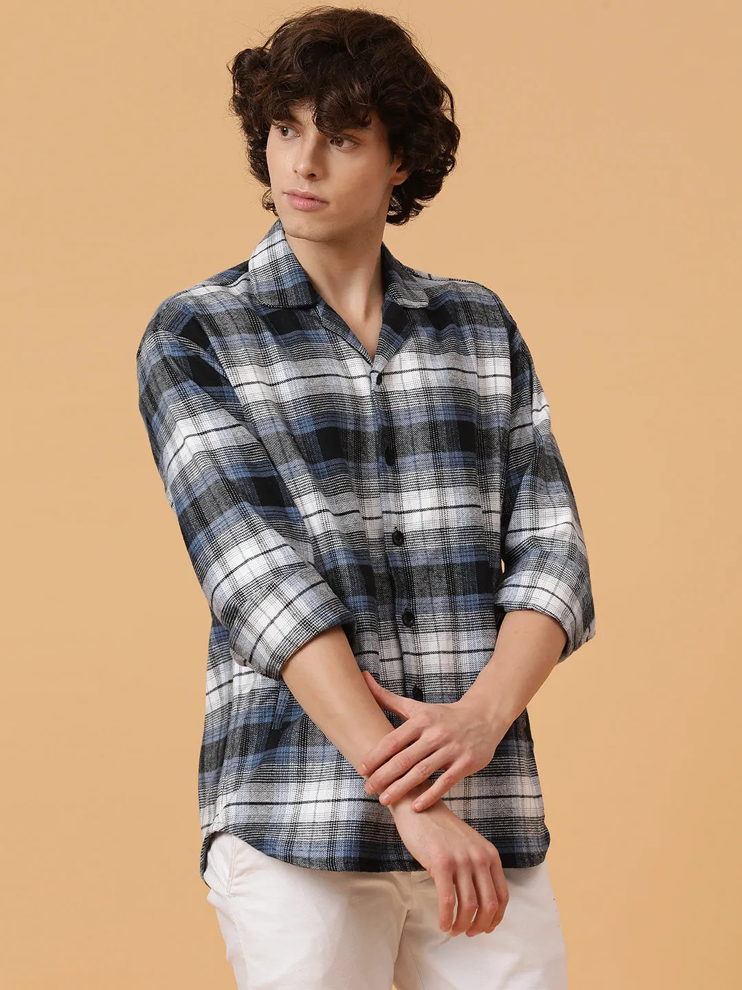 Checkered Flannel Double Kangaroo Pocket Oversized Unisex Shacket