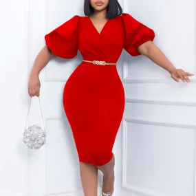 Chic Commuting Bubble Sleeve V-Neck Bodycon Dress