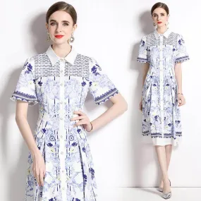 Chic Printed Mid-Length Dress with Slim Collar and Short Sleeves