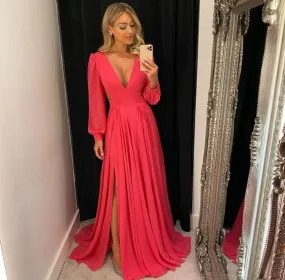 Chiffion Evening Gown V Neck Elegant Prom Dress Wedding Evening Dress With Long Sleeves Side Split     fg4233