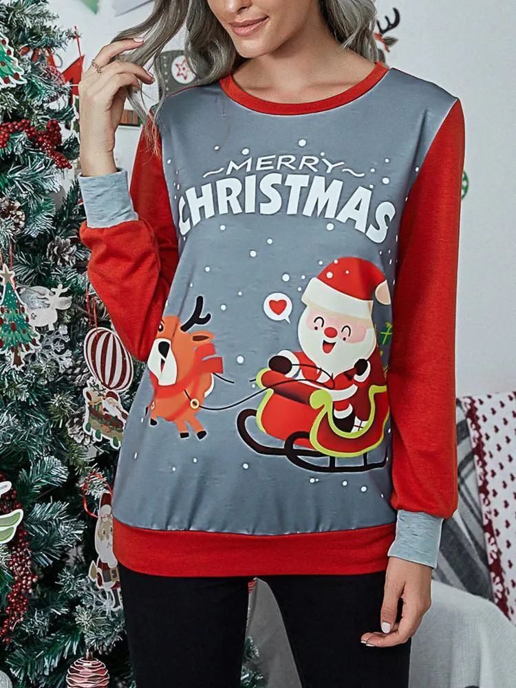 Christmas Print Splicing Long Sleeve T-shirt