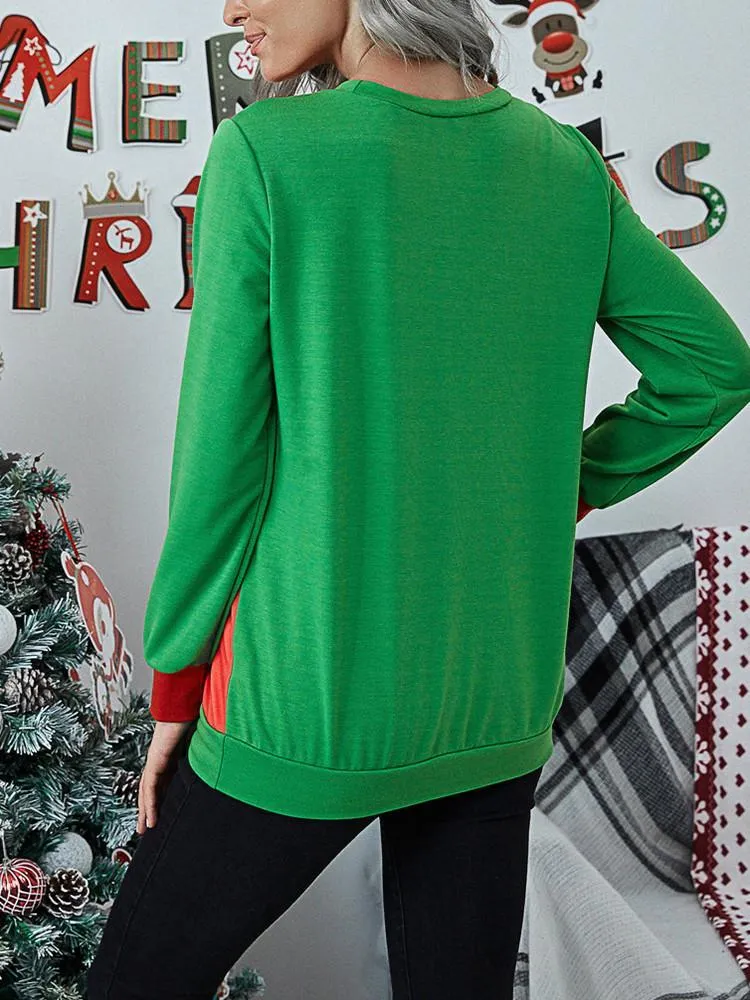 Christmas Print Splicing Long Sleeve T-shirt