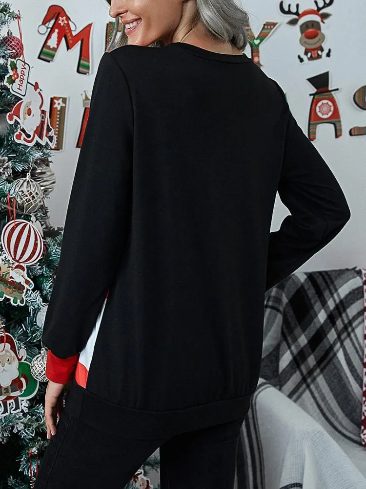 Christmas Print Splicing Long Sleeve T-shirt