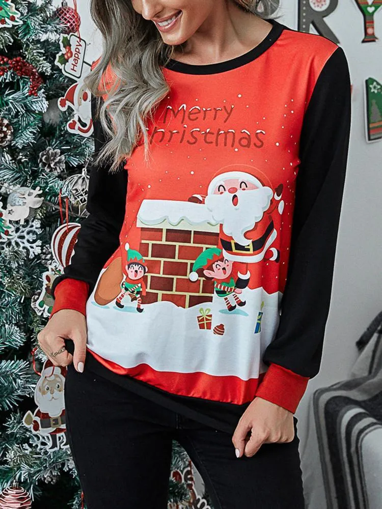 Christmas Print Splicing Long Sleeve T-shirt