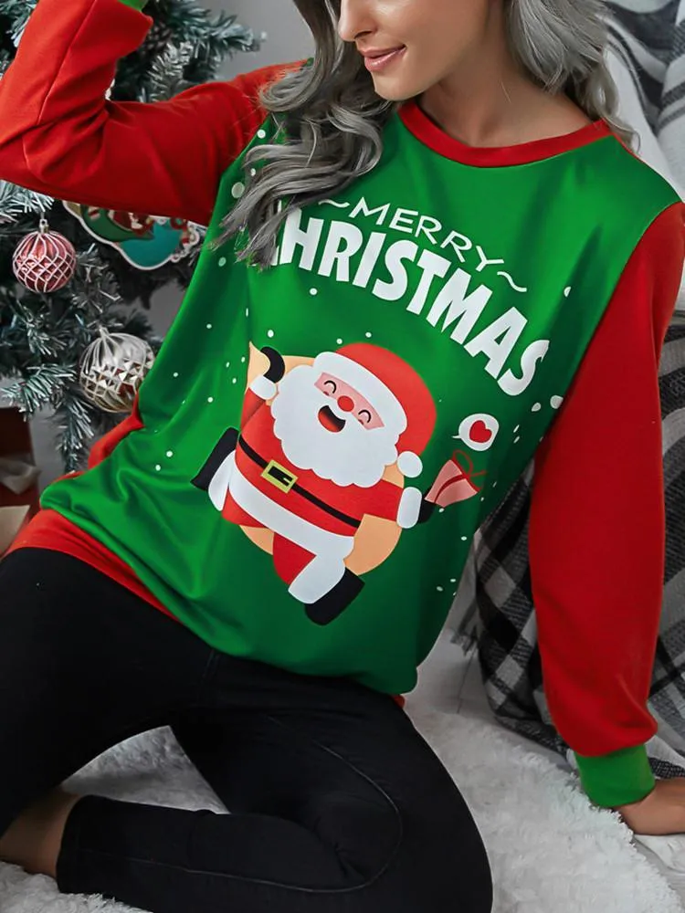 Christmas Print Splicing Long Sleeve T-shirt