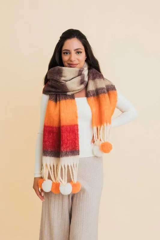 Contrast Color Stripes Oversized Chunky Pom Scarf