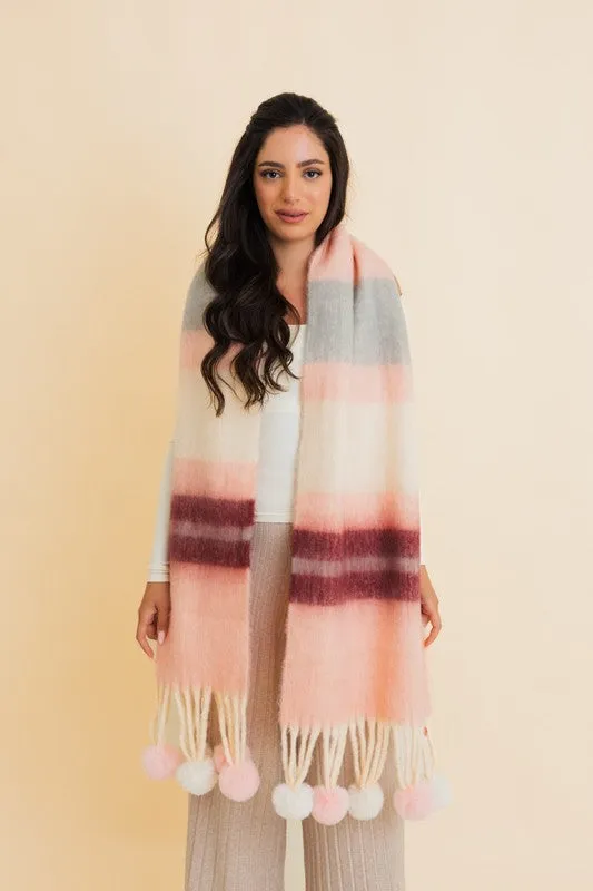 Contrast Color Stripes Oversized Chunky Pom Scarf