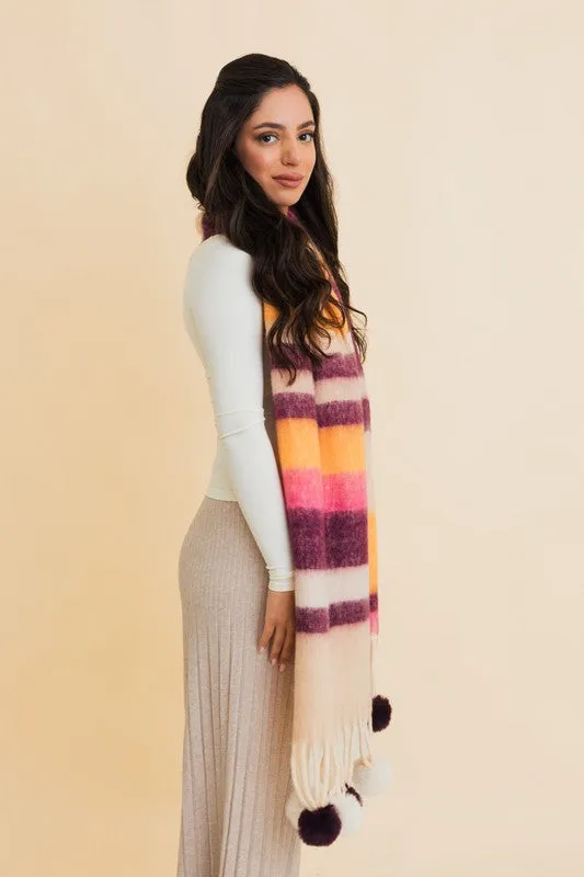 Contrast Color Stripes Oversized Chunky Pom Scarf