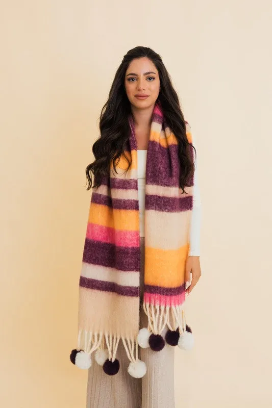 Contrast Color Stripes Oversized Chunky Pom Scarf