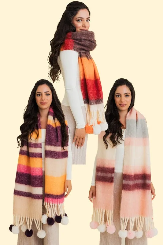 Contrast Color Stripes Oversized Chunky Pom Scarf