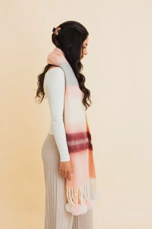 Contrast Color Stripes Oversized Chunky Pom Scarf