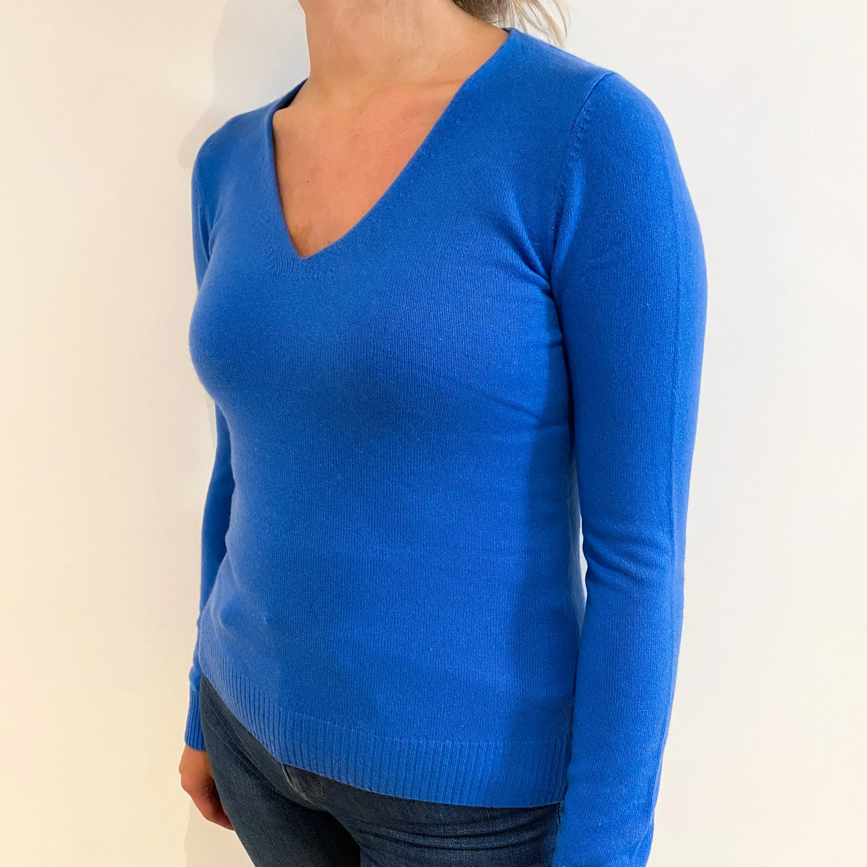 Cornflower Blue Cashmere V Neck Jumper Small