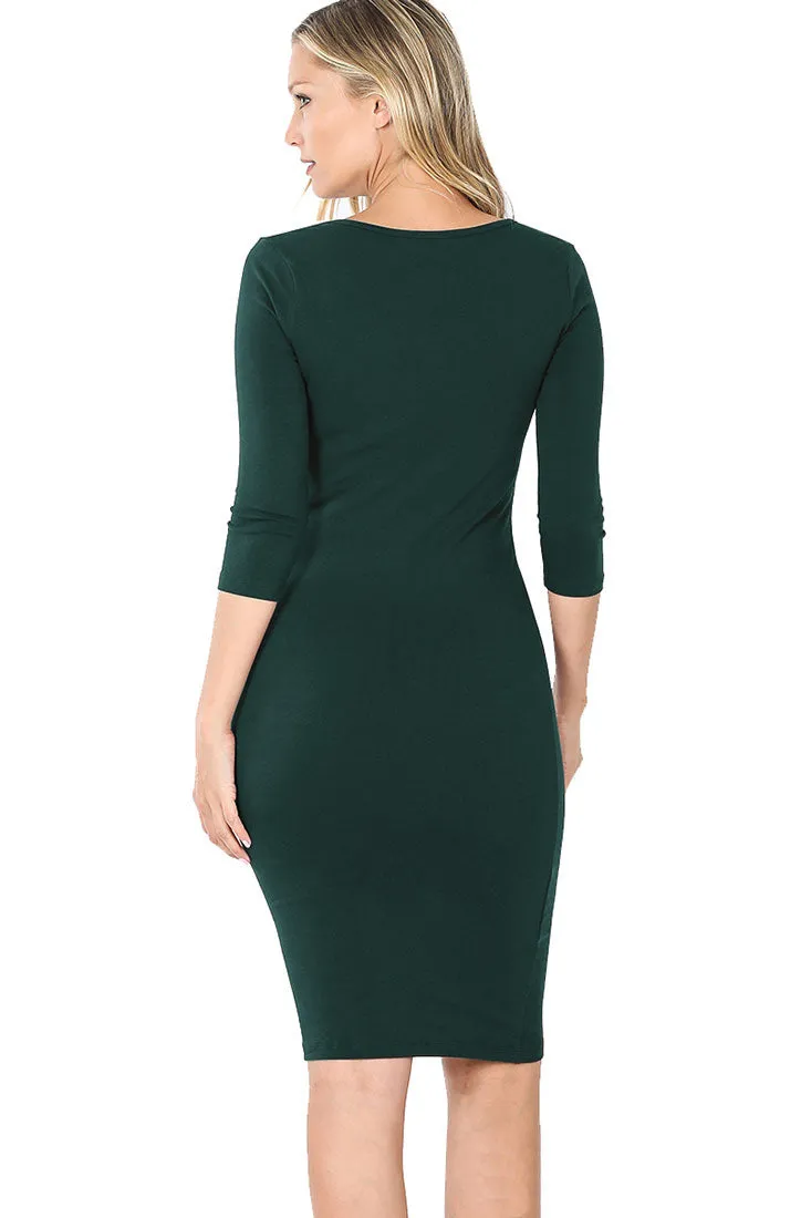 Cotton 3/4 Sleeve Bodycon Fitted Knee Length Midi Dress