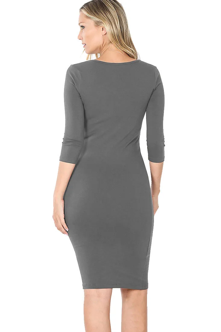 Cotton 3/4 Sleeve Bodycon Fitted Knee Length Midi Dress