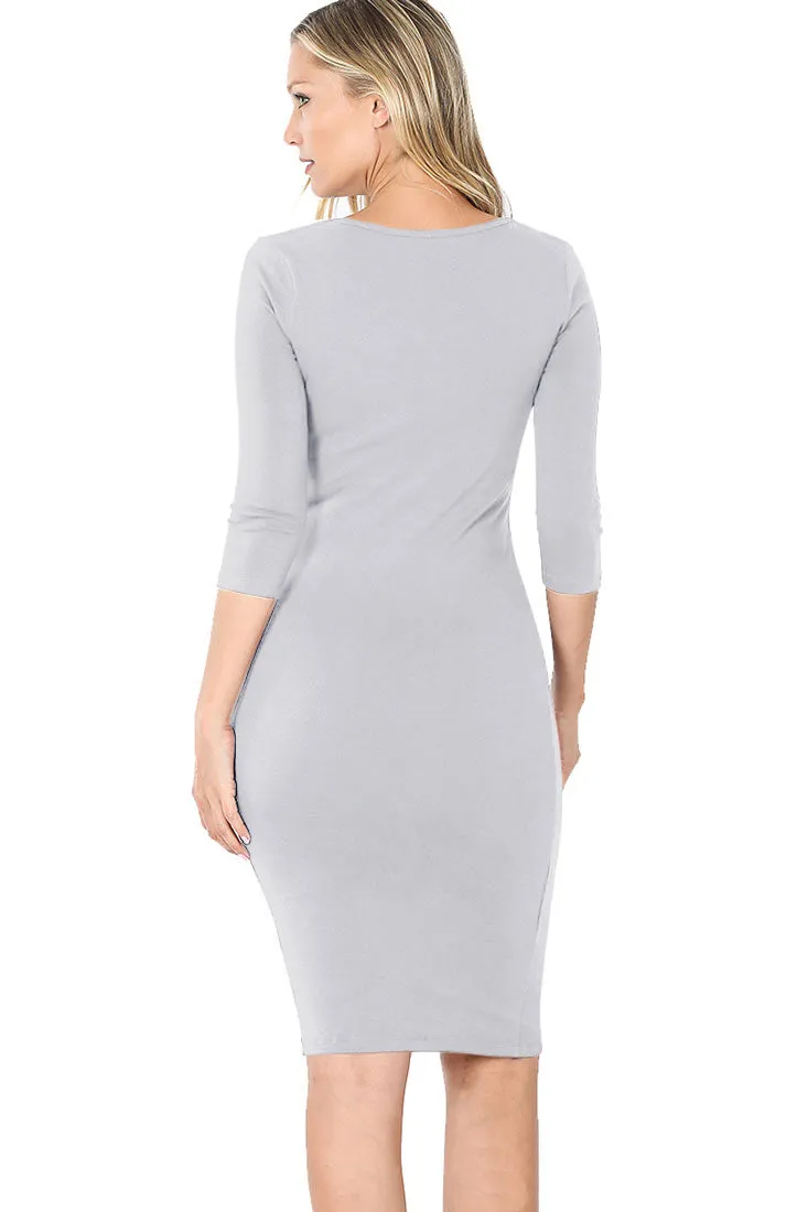 Cotton 3/4 Sleeve Bodycon Fitted Knee Length Midi Dress