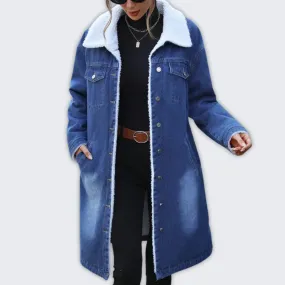 Cotton Denim Long Jacket with Cozy Sherpa Lining