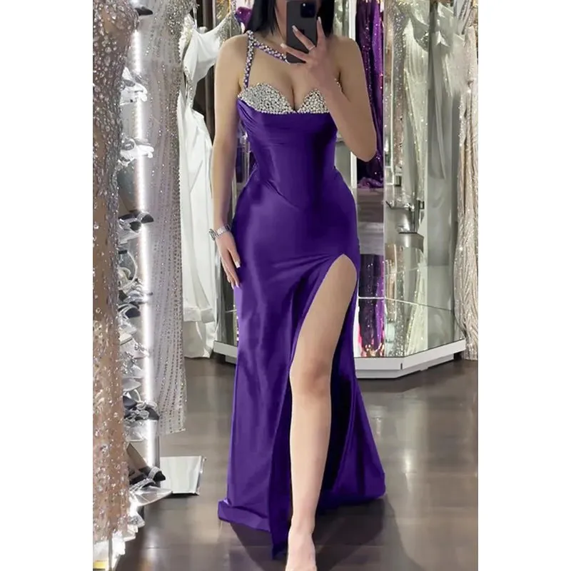 Couture & Ornate Spaghetti Straps Sleeveless V-Neck Slit Evening Party Prom Dress With Rhine