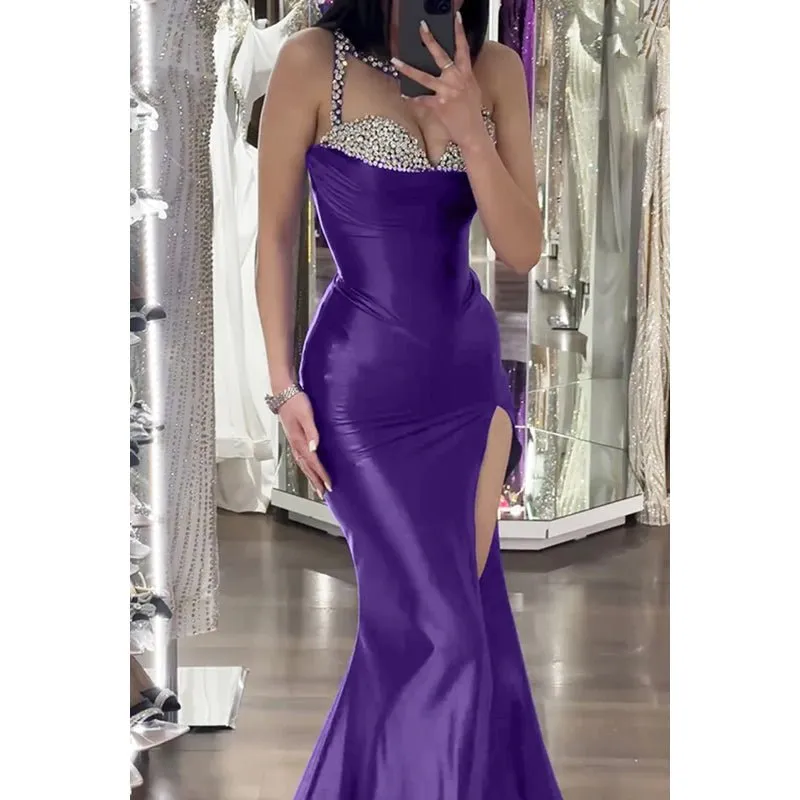 Couture & Ornate Spaghetti Straps Sleeveless V-Neck Slit Evening Party Prom Dress With Rhine