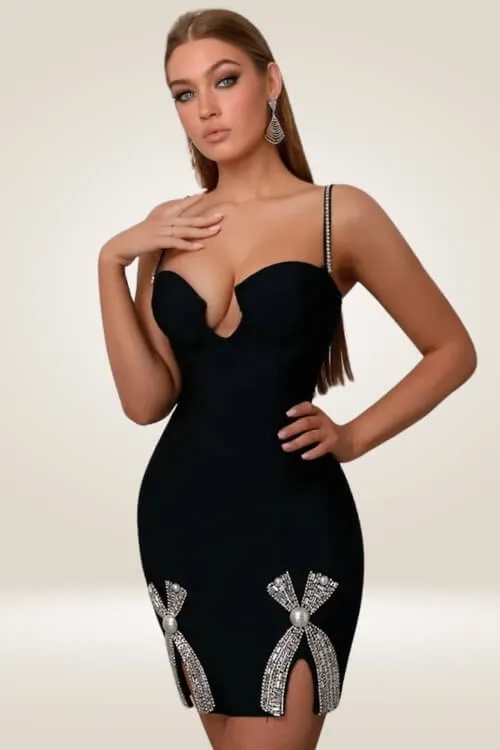 Crystal Bow Adorned Black Mini Bodycon Dress