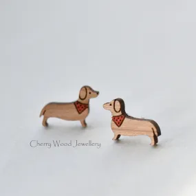 Dachshund Dog Cherry Wood Stud Earrings - EL10025