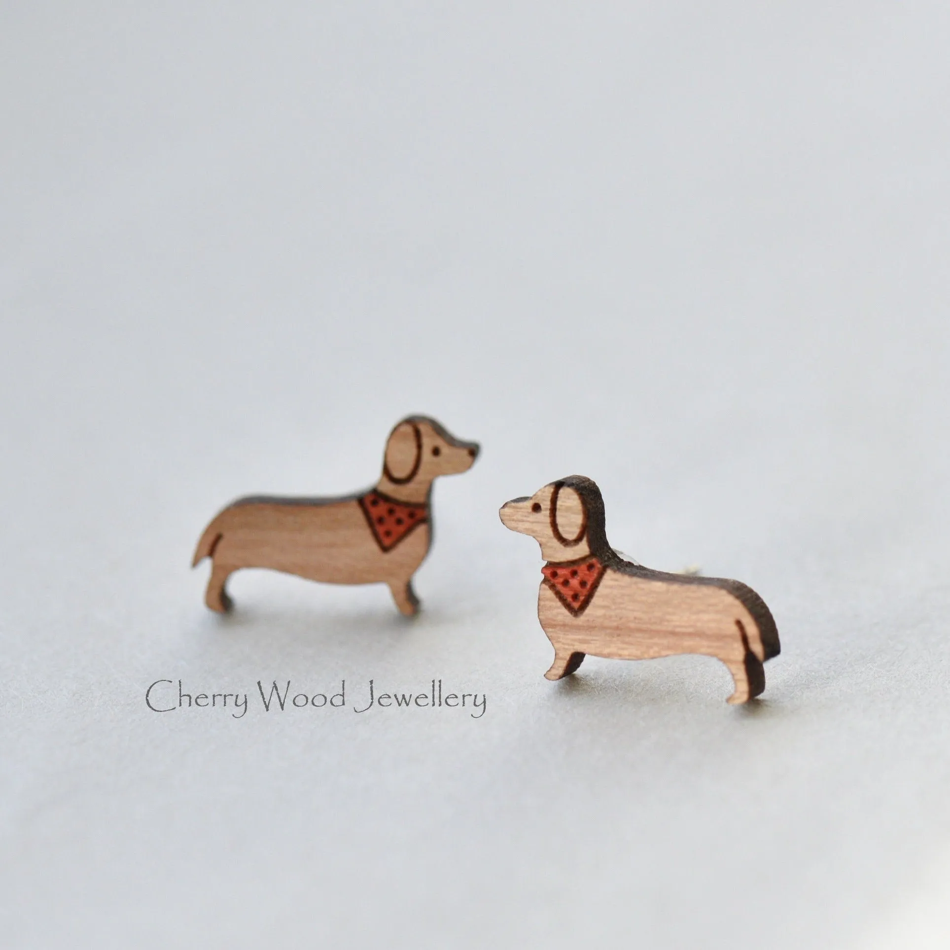 Dachshund Dog Cherry Wood Stud Earrings - EL10025