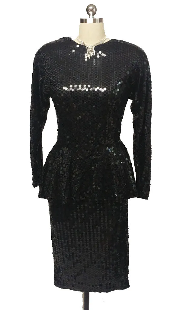 *DAZZLING VINTAGE '70s / '80s PARA SPARKLING ALL SEQUIN PEPLUM COCKTAIL DRESS