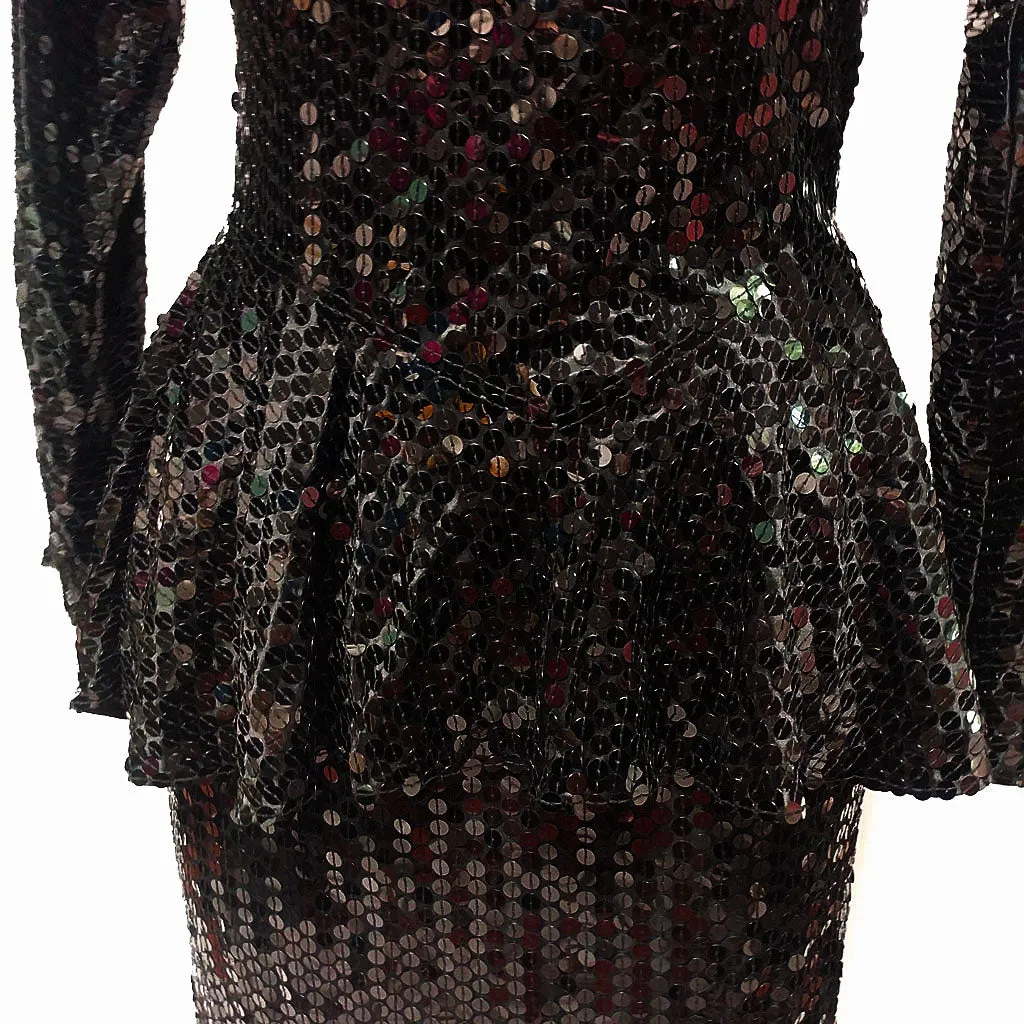 *DAZZLING VINTAGE '70s / '80s PARA SPARKLING ALL SEQUIN PEPLUM COCKTAIL DRESS