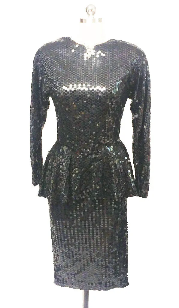 *DAZZLING VINTAGE '70s / '80s PARA SPARKLING ALL SEQUIN PEPLUM COCKTAIL DRESS