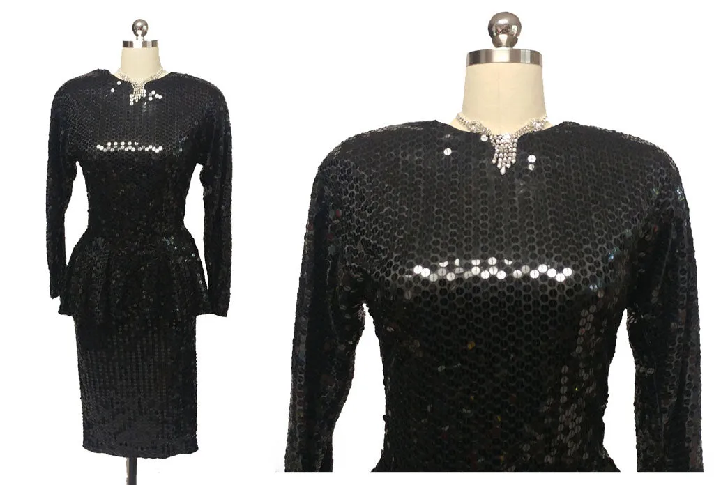 *DAZZLING VINTAGE '70s / '80s PARA SPARKLING ALL SEQUIN PEPLUM COCKTAIL DRESS