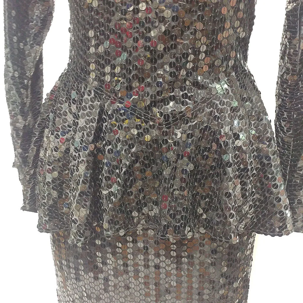 *DAZZLING VINTAGE '70s / '80s PARA SPARKLING ALL SEQUIN PEPLUM COCKTAIL DRESS