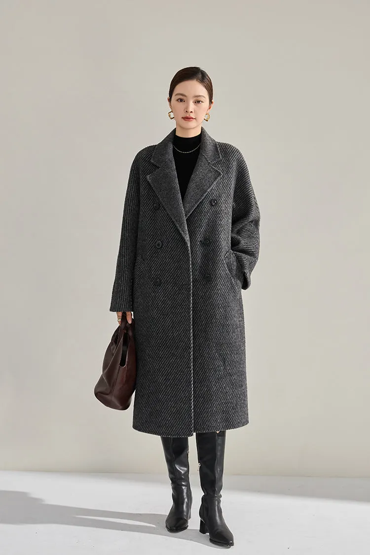 Double Breasted Belted Twill Double Face Wool Coat