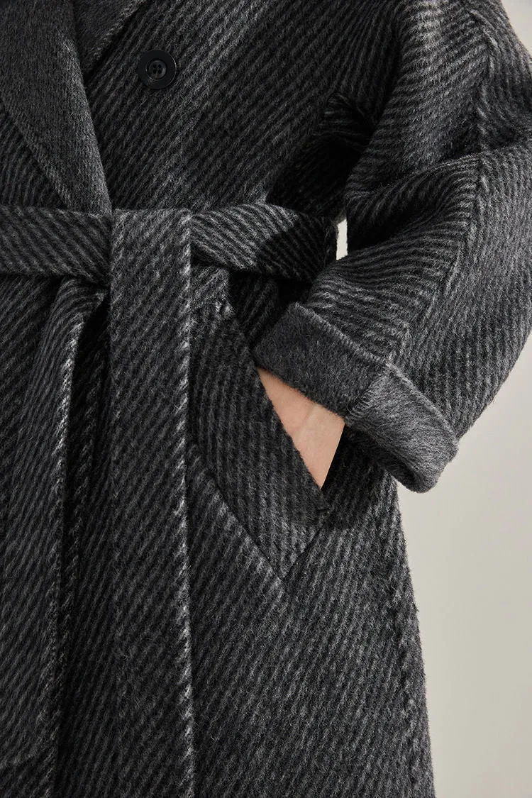 Double Breasted Belted Twill Double Face Wool Coat