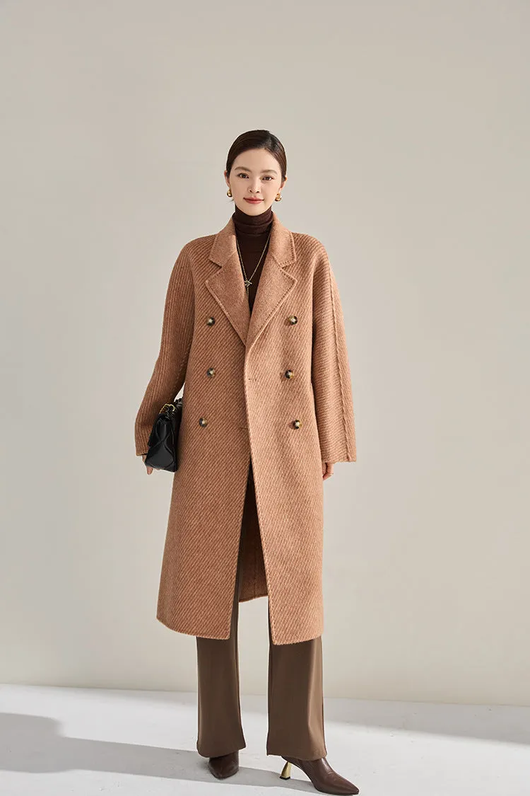 Double Breasted Belted Twill Double Face Wool Coat