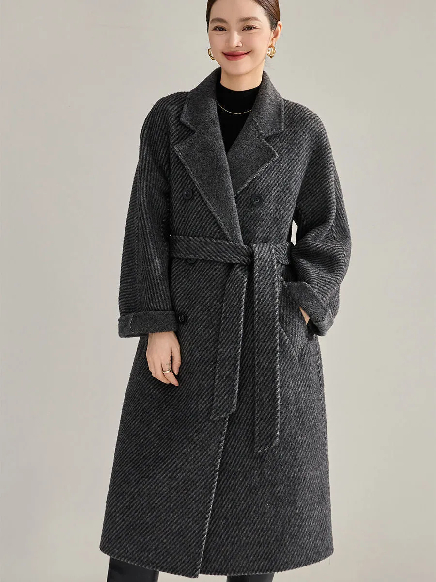 Double Breasted Belted Twill Double Face Wool Coat