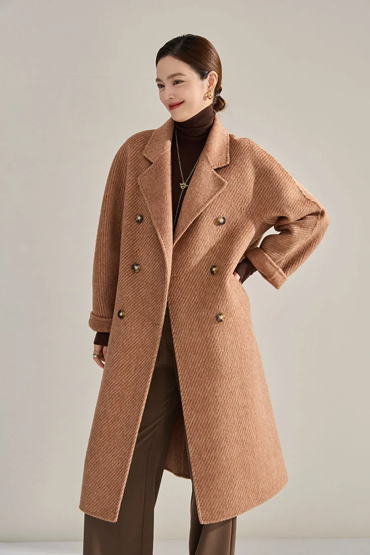 Double Breasted Belted Twill Double Face Wool Coat