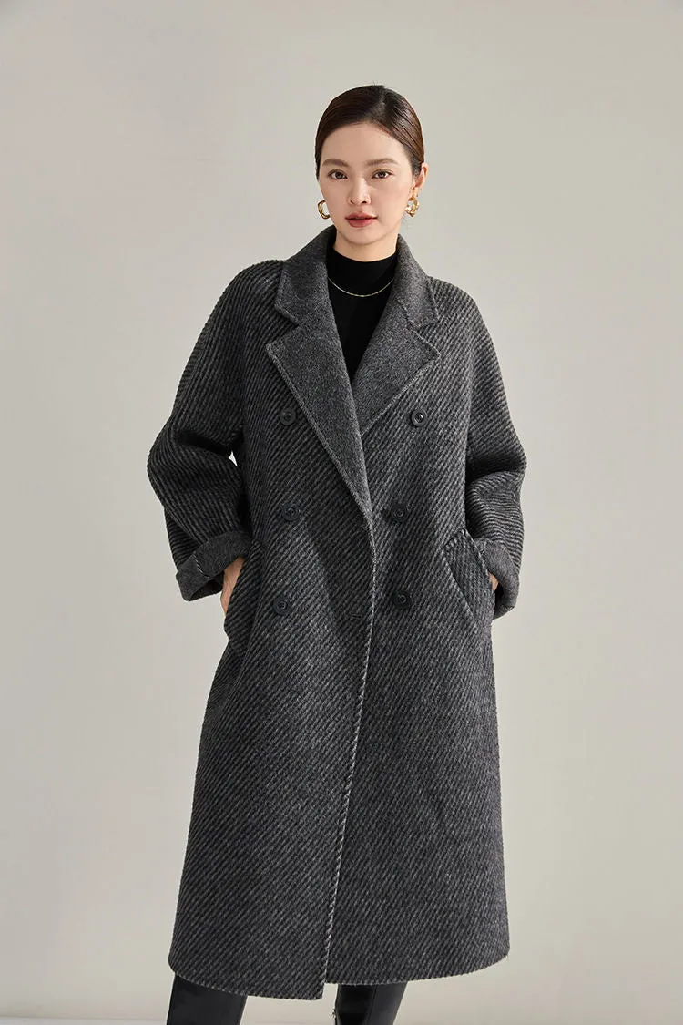 Double Breasted Belted Twill Double Face Wool Coat