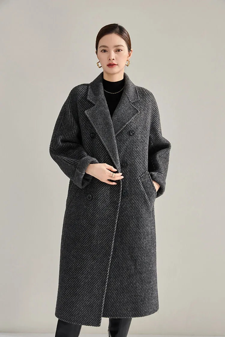 Double Breasted Belted Twill Double Face Wool Coat