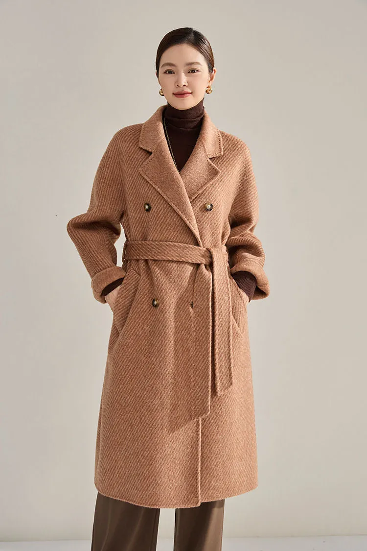 Double Breasted Belted Twill Double Face Wool Coat