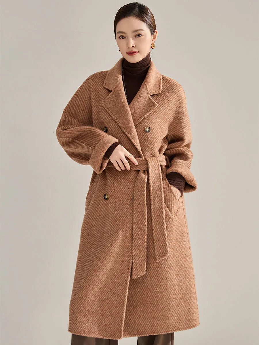 Double Breasted Belted Twill Double Face Wool Coat