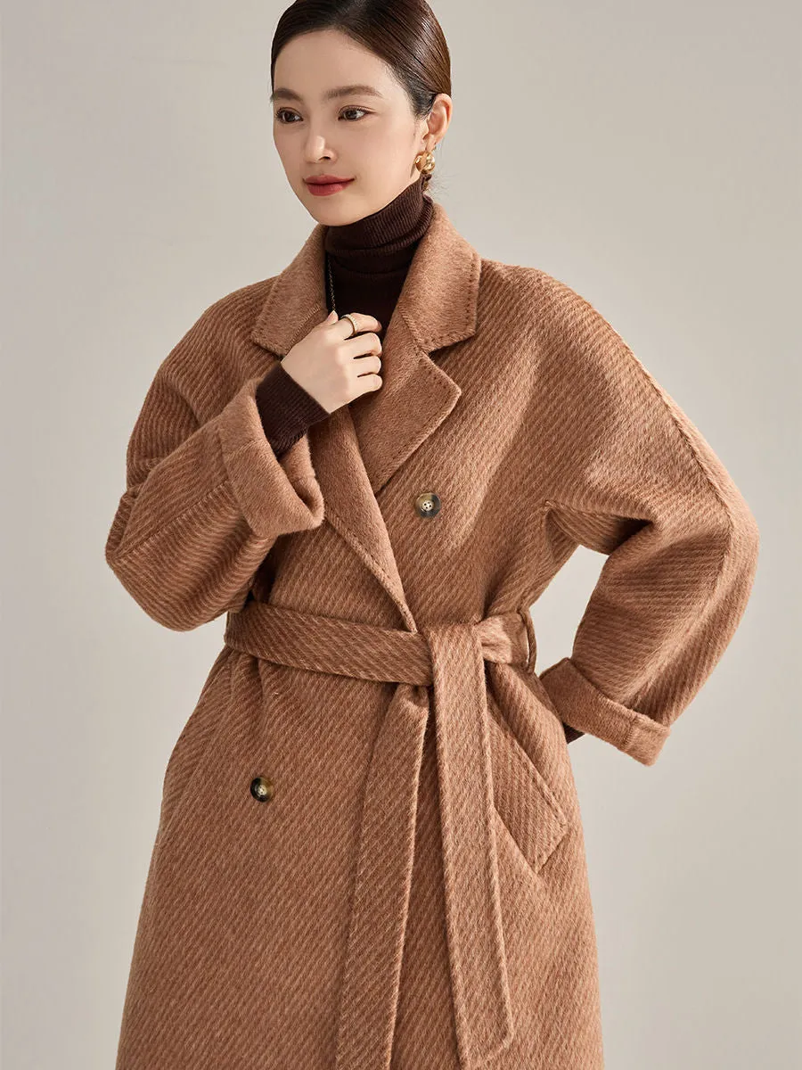 Double Breasted Belted Twill Double Face Wool Coat