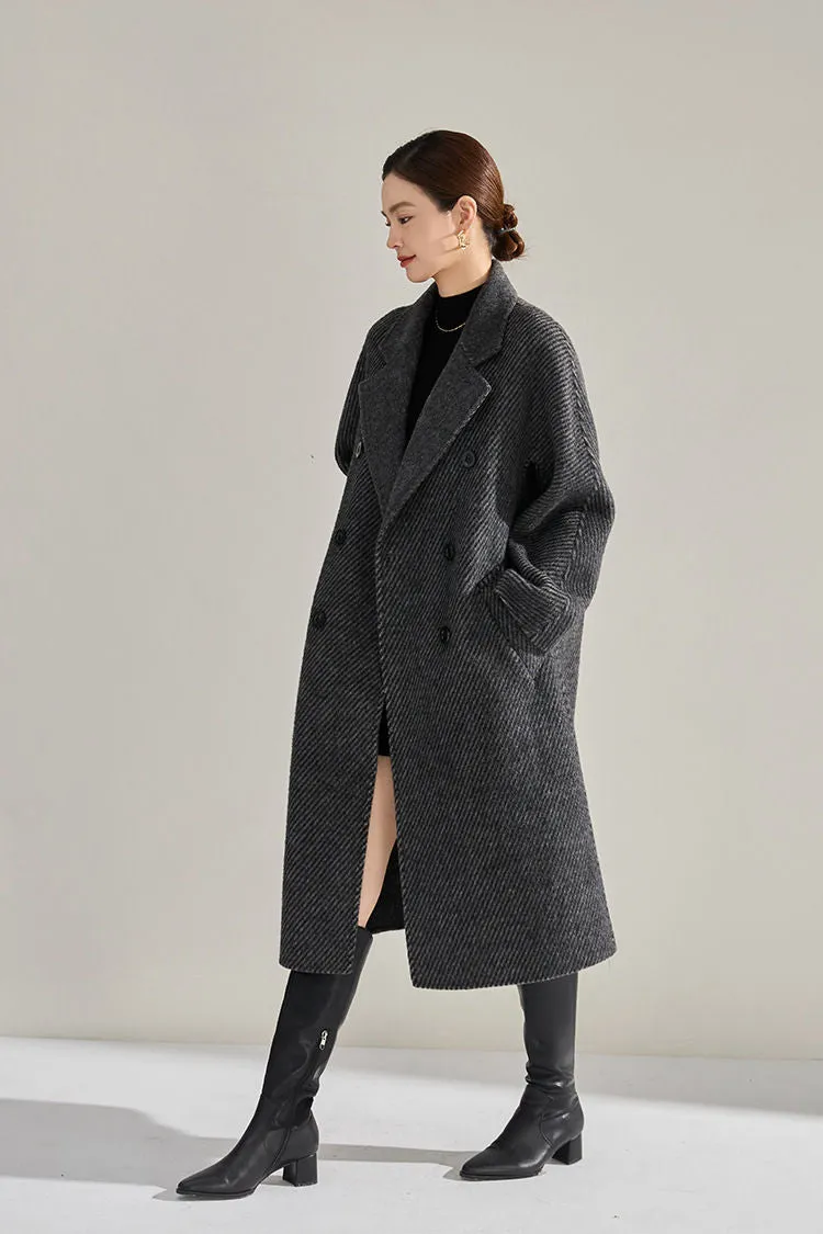 Double Breasted Belted Twill Double Face Wool Coat