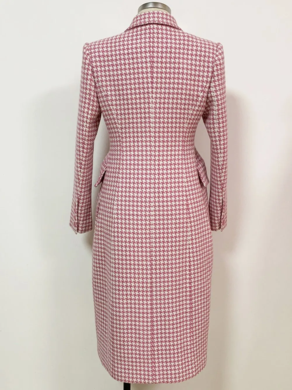 Double Breasted Pink Houndstooth Tweed Coat