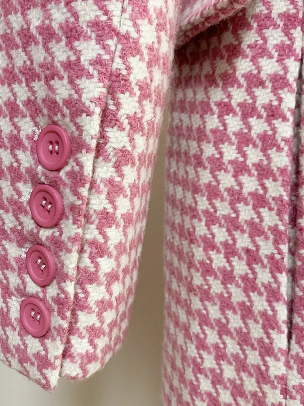 Double Breasted Pink Houndstooth Tweed Coat