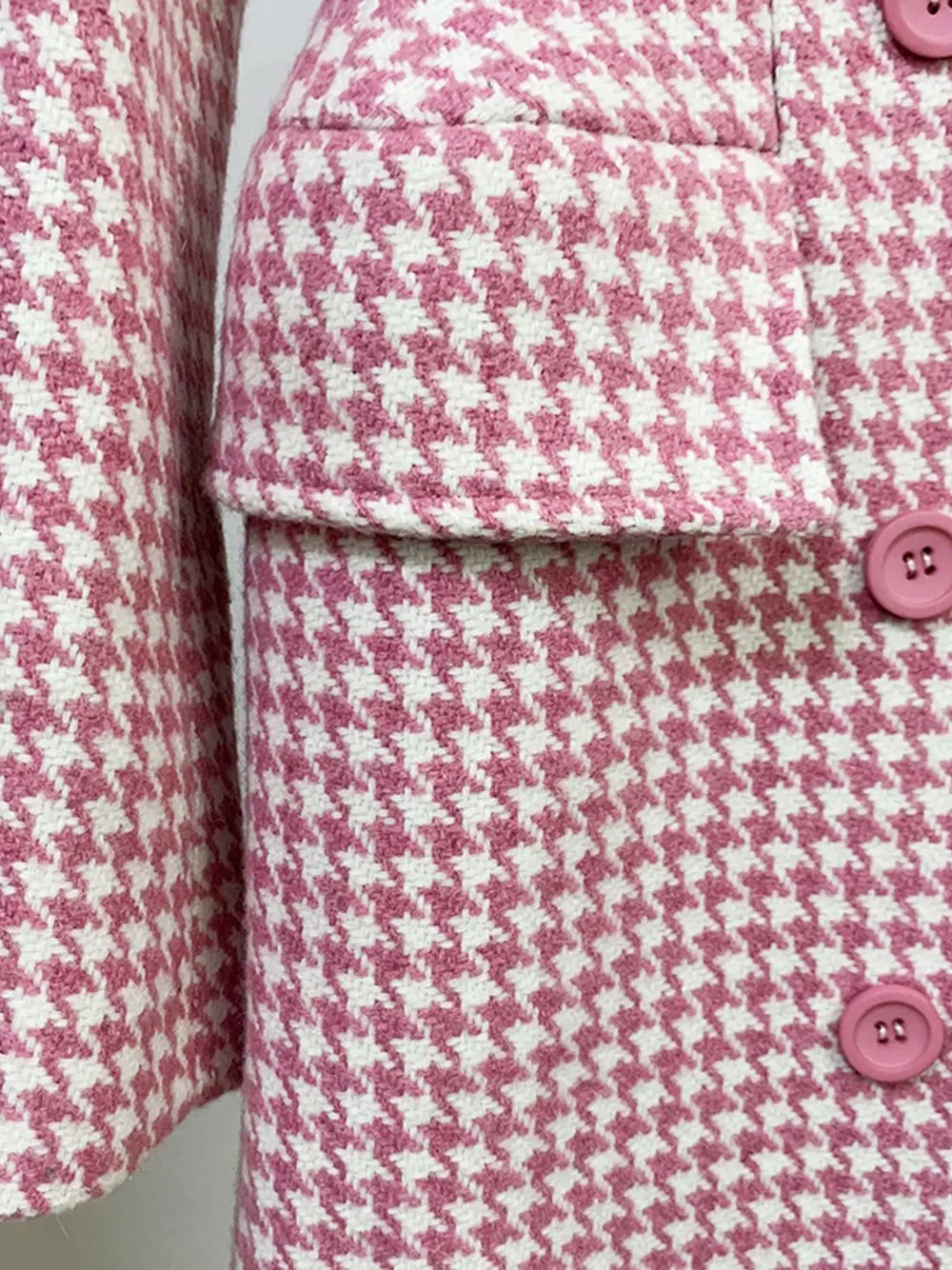 Double Breasted Pink Houndstooth Tweed Coat