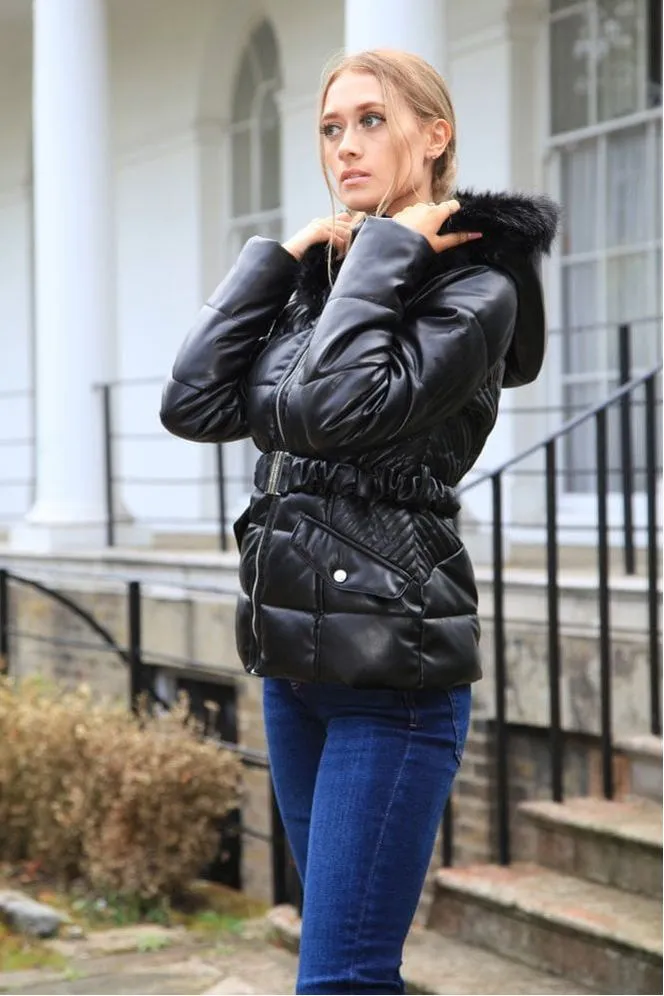 Double Second Black Vegan Leather Short Puffer